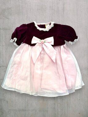 Vintage Baby Togs 12M Burgundy Velvet Pink Party Dress Toddler Girls 1994